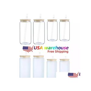 Bouteilles d'eau 12Oz 16Oz Usa Warehouse Diy Blank Sublimation Can Gobelets en forme de tasses en verre de bière avec couvercle en bambou et St pour Iced Coff Ot1Qj