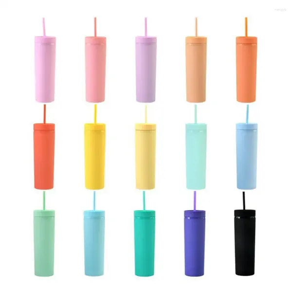 Bouteilles d'eau 16 oz en acrylique mince skinny tulert bouteille mate colorée avec couvercle paille double mur pour les cadeaux de fête année