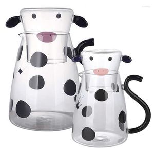 Bouteilles d'eau 1800 ml Vache Pichet En Verre Anti Brûlure Carafe Conteneur Forme Pot À Lait Avec Tasse Pour Et Boissons Froides