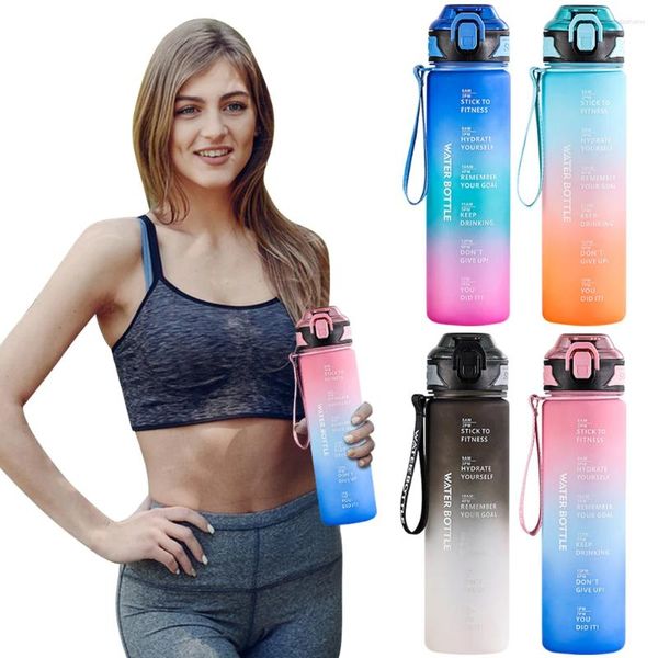 Bouteilles d'eau 1L Bottle Flayproof Gradient Matte Sports avec un marqueur temporel Motivation pour l'extérieur