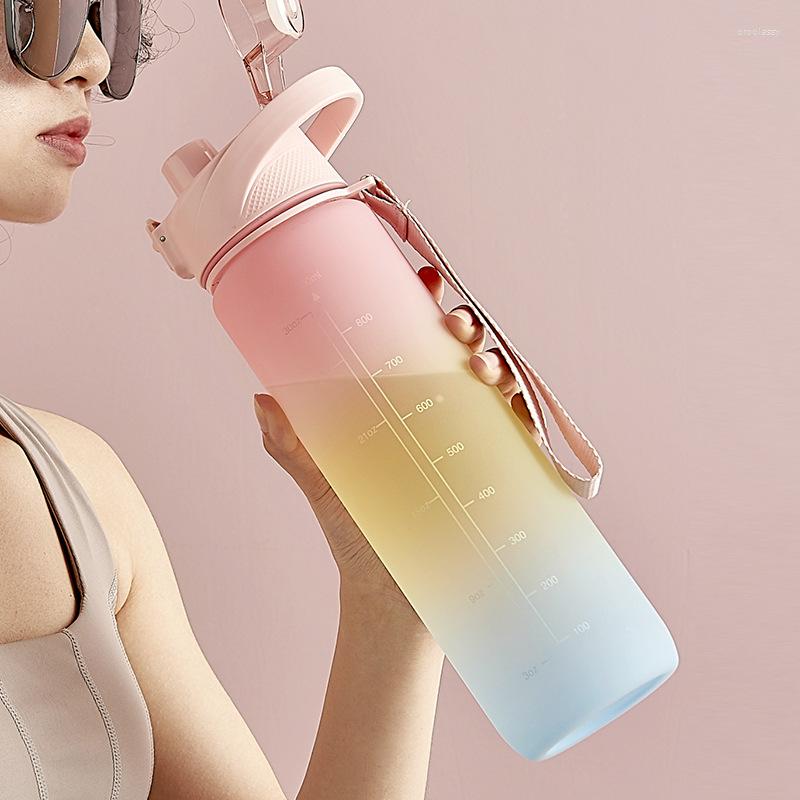 Water Bottles 1L Gradient Bottle Motivational Sport With Straw And Rope Leakproof Drinking Outdoor Travel Gym Fitness