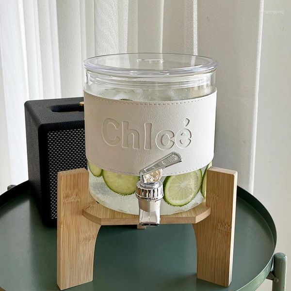 Bouteilles d'eau 2,3 ​​L de verre borosilicate de haut filtre JUICE JUICE avec robinet et cadre en bois.