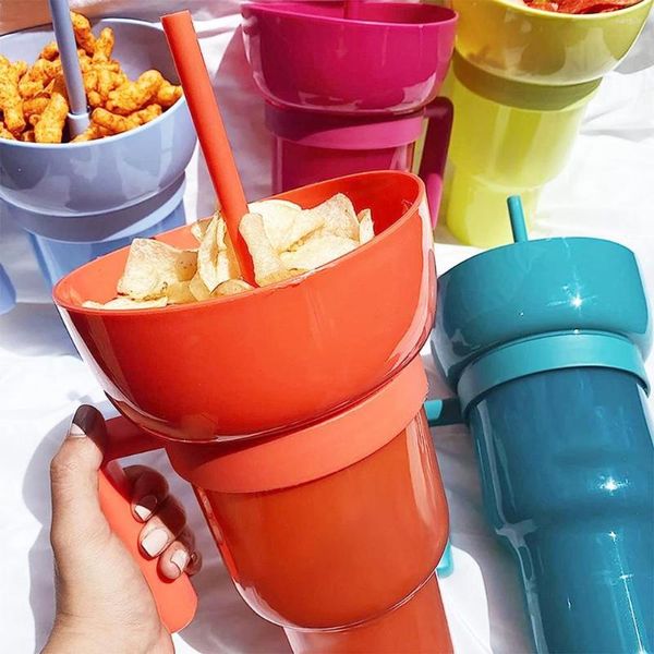 Botellas de agua 2 en 1 Snack Bowl Taza de bebida con pajita Estadio portátil Vaso Cambio de color A prueba de salpicaduras Contenedor a prueba de fugas