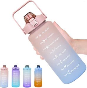 Waterflessen 2L grote capaciteit fles met rietje en handvat Gradiëntkleur Cups Tijdmeting Markering voor buitensporten