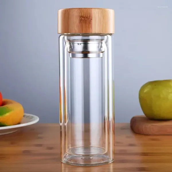 Bouteilles d'eau 300/400/500ML en acier inoxydable, Double paroi en verre, filtres, couvercle en bambou, voyage, maison, infuseur à thé, bureau, tasse épaisse