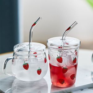 Waterflessen 300 ml Aardbei Leuke Nordic Glazen Beker Met Stro Creatieve Transparante Student Melk Hittebestendige 230428