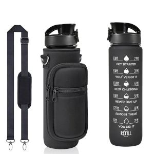 Bouteilles d'eau 32 oz ER et ST STRAP MOTIVATION CUP TEMPS TO DU BPA 1L Bouteille de sport réutilisable avec porte-manches en plein air J0523 JJ DHPHD