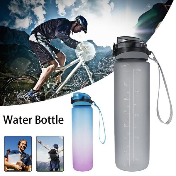 Botellas de agua Botella de material esmerilado de 32 oz Sin BPA con cubierta de rebote Recordatorio de tiempo Taza a prueba de fugas para deportes Fitness Correr Natación