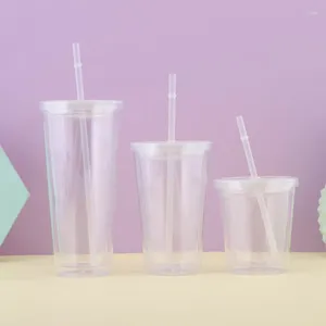 Bouteilles d'eau 350/450/650 ml de gobelet transparent avec paille réutilisable à double couche transparente Bouteille à double couche pour le lait de café Duy smoothie tasse