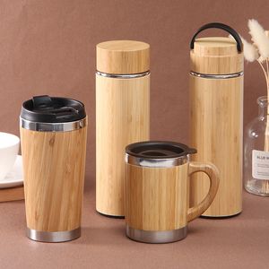 Bouteilles d'eau 350/450ml Bambou Thermos Acier Inoxydable Bouteille D'eau Gobelets Portable Fiole À Vide Tasse À Café pour Bureau À Domicile Personnalisé 230309