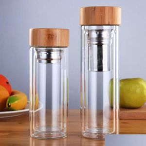 Bouteilles d'eau 350 / 450ml double paroi bouteille en verre infuseur à thé tasse de bureau filtres en acier inoxydable couvercle en bambou voyage boisson Wly935 D Dhrlc