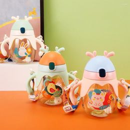 Waterflessen 350ml Sippy Cup Mode Met Schouderriem Stro Cartoon Patroon Kinderfles Schoolbenodigdheden