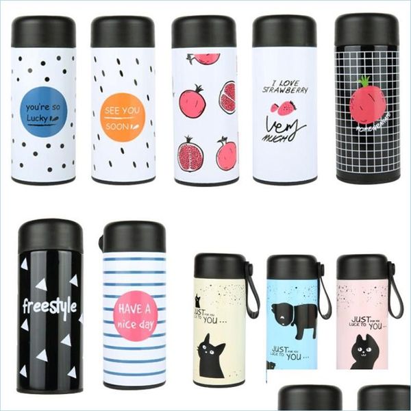 Bouteilles d'eau 350 ml en acier inoxydable tasse à vide mignon chat fruits anglais lettre motif gobelet avec corde conception bouteilles d'eau créative Dhi8Z