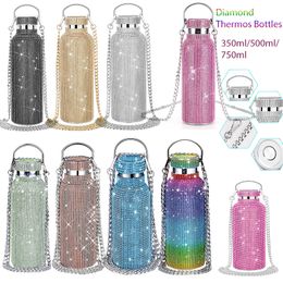 Waterflessen 350ml500ml750ml Bling Diamond Thermosflessen Draagbare Glitter Strass Waterfles Crossbody Roestvrijstalen Thermosfles 230919