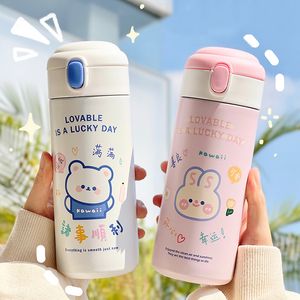 Bouteilles d'eau 380 ML Kawaii ours bouteille thermique pour enfants fille école femmes en acier inoxydable tasse isolée avec paille mignon bouteilles d'eau thermique 230320