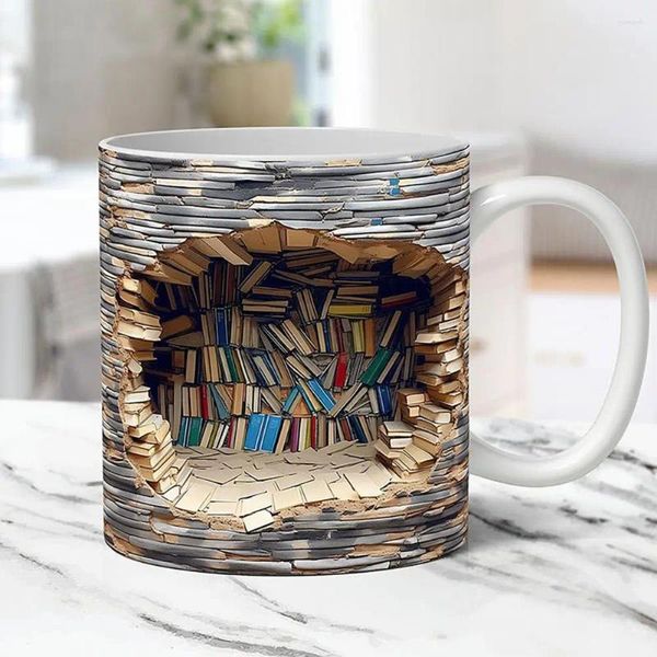 Botellas de agua Taza de estantería 3D Taza de cerámica Anti-escaldado con mango Un estante de biblioteca Diseño espacial Amantes de los libros Regalo de café para el lector