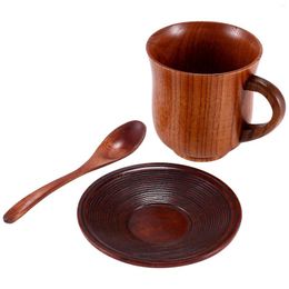 Bouteilles d'eau 3 pièces/ensemble tasse en bois soucoupe cuillère ensemble café thé outils accessoires