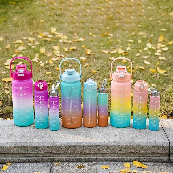 Botellas de agua Botella deportiva 3pcs con marcador de tiempo Gradiente esmerilado Beber tazas de paja