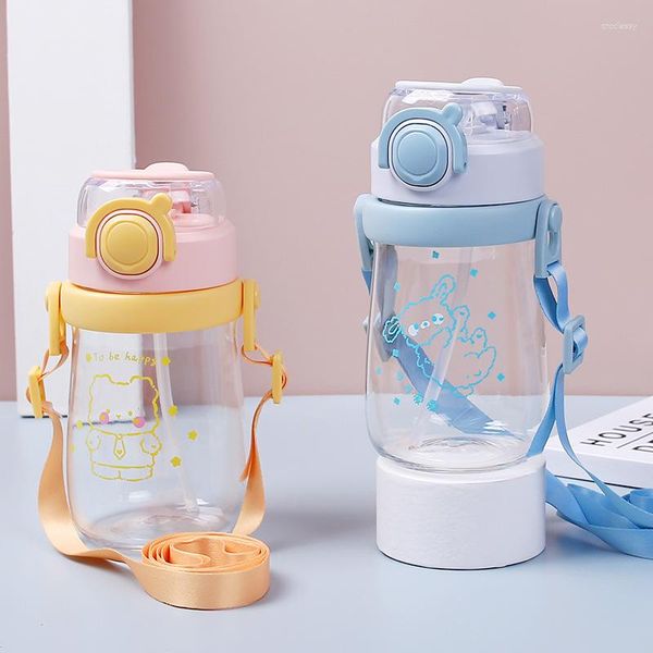 Botellas de agua de 400ml creativas de Color caramelo para niños, taza de plástico de dibujos animados para estudiantes, botella de paja portátil de verano con cinturón para el hombro