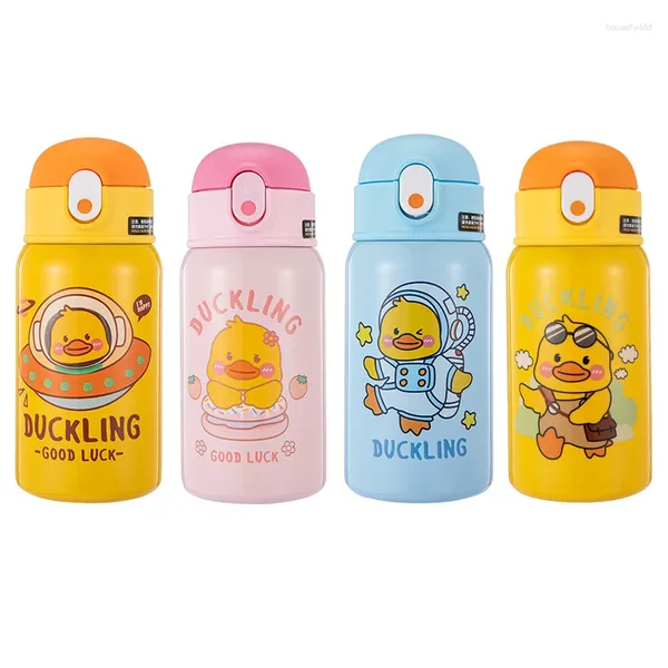 Botellas de agua de 400ml con bonito dibujo de pato amarillo, frasco de vacío para bebé, correa anticaída, taza con mango de paja, taza para niños, hebilla de bala