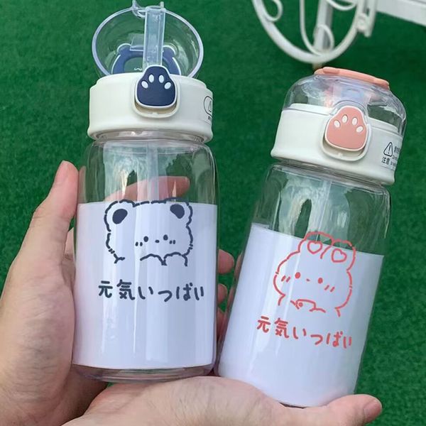 Bouteilles d'eau 400 ml bouteille d'eau en plastique pour fille enfants Kawaii ours été paille bouteille d'eau Portable lait thé jus école boisson bouteille cadeau 230428