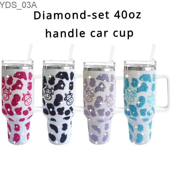 Bouteilles d'eau Gobelet de tasse de diamant de 40 oz avec poignée gobelet isolé avec couvercles paille en acier inoxydable café Termos tasses gobelet presse à chaud YQ240221