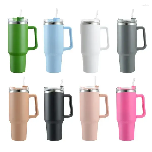 Botellas de agua Taza de aislamiento mejorada de paja de 40 oz con asa Botella de acero inoxidable para automóvil portátil Viaje de gran capacidad Taza térmica sin BPA