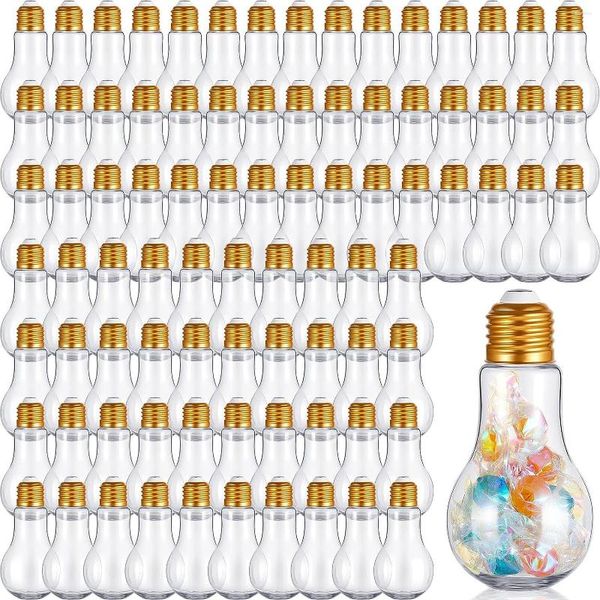 Botellas de agua, paquete de 40 frascos de bombillas de plástico transparente, 3,38 oz/100 ml, botella de bombilla rellenable a granel para manualidades con tapas doradas, bombilla decorativa