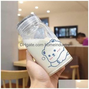 Water Bottles 450Ml dessin animé ours verre bouteille d'eau épaisse résistance à la chaleur bouteilles à boire mignon lait café gobelets pour étudiant fille Dheit