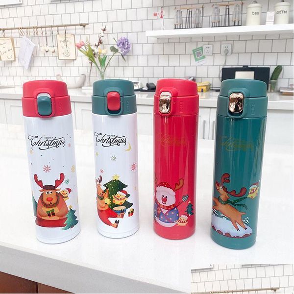 Botellas de agua 450Ml Botella de Navidad Dibujos animados lindo Papá Noel Elk Insate Vacío Termo Acero inoxidable Tazas de viaje encantadoras Frasco Dro Dhlmj