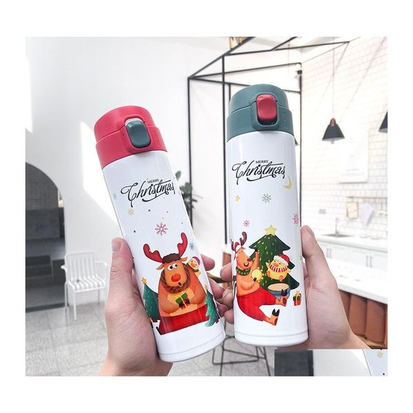 Botellas de agua 450Ml Botella de Navidad Dibujos animados lindo Papá Noel Elk Insate Vacío Termo Acero inoxidable Tazas de viaje encantadoras Frasco Dro Dhfwa