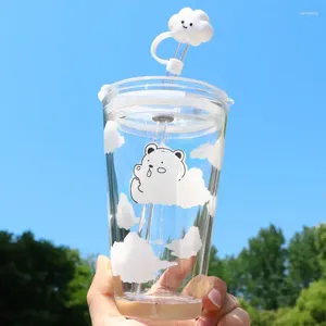 Waterflessen 480 ml glazen fles met rietje Cartoon Wolken Beker Lekvrij Draagbaar Drinken Een afsluitdop Deksel