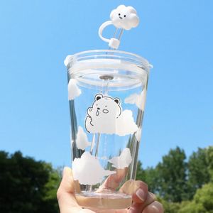 Waterflessen 480 ml glazen waterfles met stro cartoon wolken stro kopje lekkende draagbare drinkfles met een afdichtingsdop deksel 230428