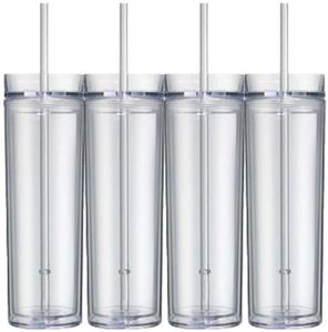 Botellas de agua Paquete de 4 vasos de acrílico delgados con tapa y pajita Vasos de plástico transparente de doble pared de 16 oz Vaso de acrílico transparente reutilizable con pajita 230320