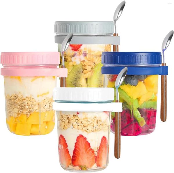 Bouteilles d'eau 4pcs pots Mason pour la nuit d'avoine - Rénits de stockage d'aliments en verre avec couvercles et cuillères de 16 oz marques multicolores