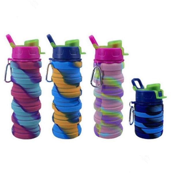 Botellas de agua 500Ml Botella de camuflaje Sile Fold Vaso telescópico Mosquetón Bebidas deportivas Tazas Equipo de cámara de senderismo portátil Drop D Dhwic