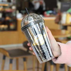 Water Flessen 500ML Plastic Bekers Koffie Mok Fles Sterrenhemel Dubbelwandige Stro Beker Met Koepel Deksel Reizen voor Kids Gift