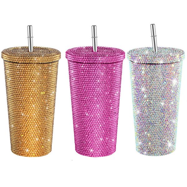 Bouteilles d'eau 500ml750ml Bling Diamant Thermos Tasse Portable En Acier Inoxydable Paille Paillettes Tasse D'eau Thermique Flacon pour Femmes Gril 230619