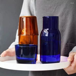 Waterflessen 550 ml glazen theekopje set eenvoudige warmtebestendige drinksap kopje met theekruiken fles drinkware blauwe kleur