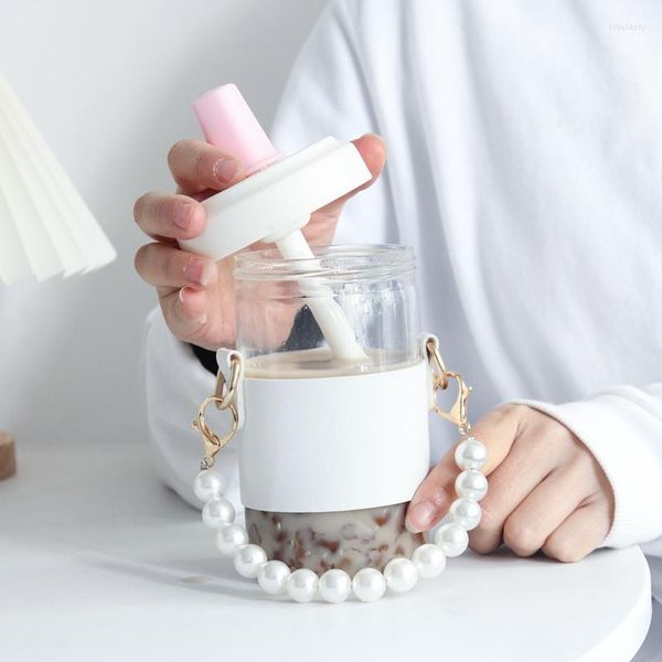 Botellas de agua de 550ml de vidrio Simple de gran capacidad para niñas con cubierta de cuero de paja Boba taza de jugo de té de la leche de perla transparente