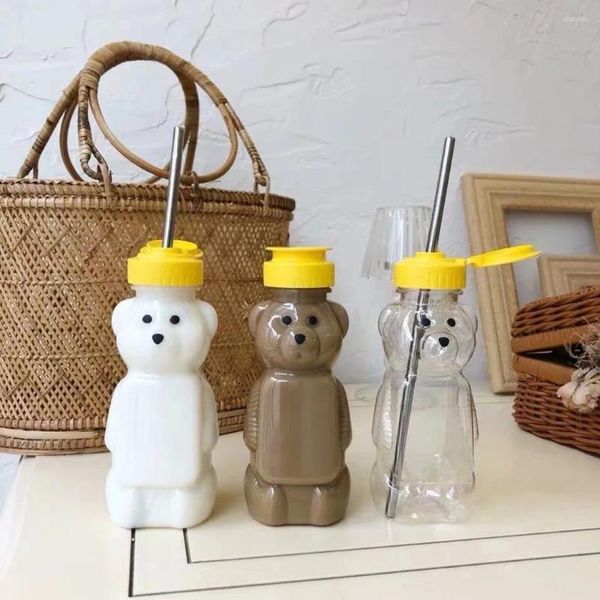 Botellas de agua 5 uds 240ml oso Kawaii Linda botella de plástico transparente de dibujos animados con pajita creativa portátil estudiante taza para niños