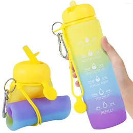 Bouteilles d'eau 600ml bouteille sans BPA silicone anti-fuite potable pliable portable pichet mignon tasse avec marqueur de temps pour