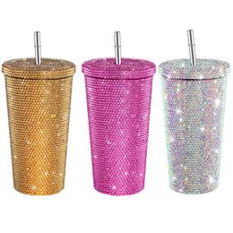 Botellas de agua 750ml Bling Diamond Thermos Cup Portátil de acero inoxidable con paja Brillo Taza de agua Frasco térmico para mujeres Gril 230625