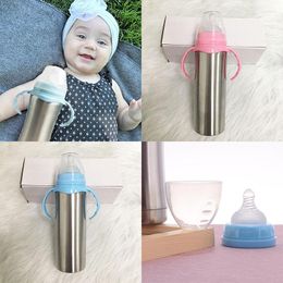 Waterflessen 8oz Zilver Sippy Cup Dubbelwandige Tumbler Babyfles Met Handvat Roestvrijstalen Melkbekers Voor Geboren Geschenken