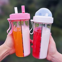 Waterflessen Een kopje dual-use double childed double straw water cup schattige creatieve handige dubbele drinkbeker 230309