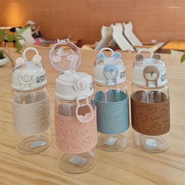 Bouteilles d'eau ours bouteille frais Simple mignon paille tasse peut être tenu dans la main avec couverture en cuir Anti-brûlure tasse cadeau Couple verres