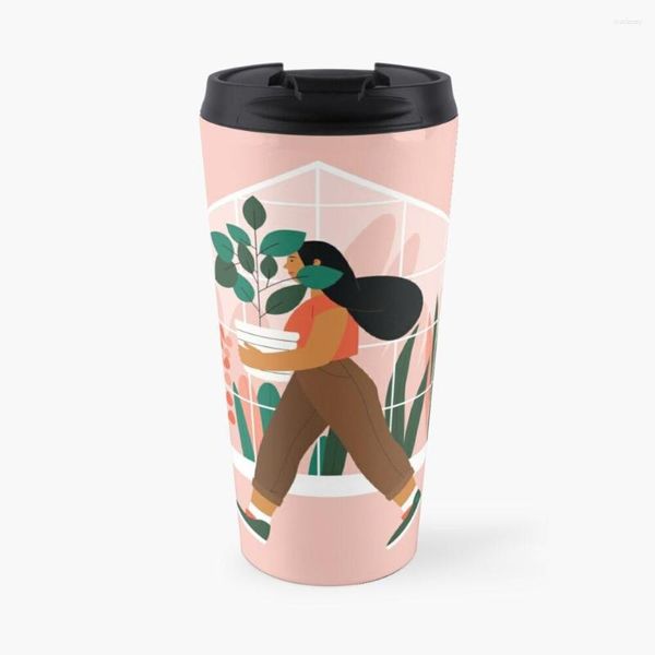 Botellas De Agua Hermosa Chica Con Una Planta En Maceta. Taza de café de viaje de invernadero minimalista Taza turca de huevas de cisne