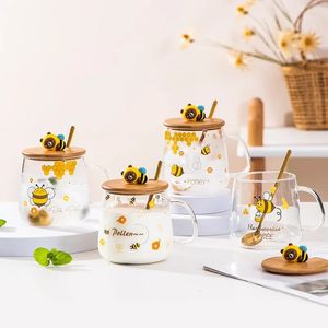 Bouteilles d'eau Abeille Dessin Animé Cuillère En Verre Tasse De Lait Tasse De Petit Déjeuner Tasses À Café Tasse Beau Thé Avec Couvercle Verres Original 231205