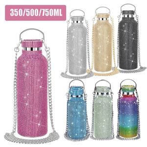 Botellas de agua Bling Diamond Botellas termo Botella de agua con brillo portátil Crossbody Frasco térmico de acero inoxidable 350ml500ml750ml 221011