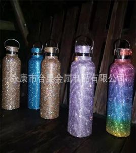 Water flessen bling diamant thermos draagbare glitter fles crossbody roestvrij stalen thermische kolf 350 ml 500 ml 750 ml 2210188135049